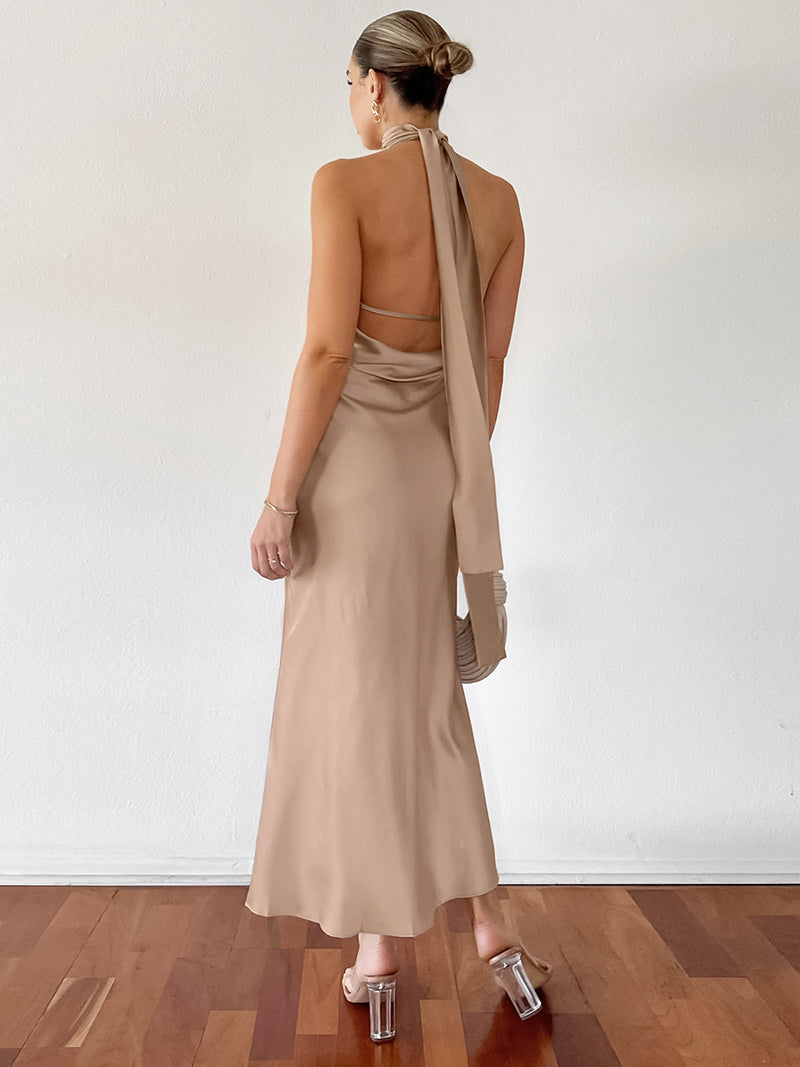 Halter Neck Solid Color Strappy Slim Backless Dress Wholesale Dresses