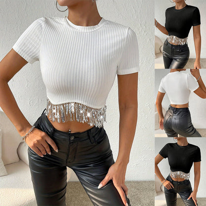 Short Sleeve Fashion Slim Fit Sequined Tassel Crop Tops Wholesale Womens Clothing N3824052000020