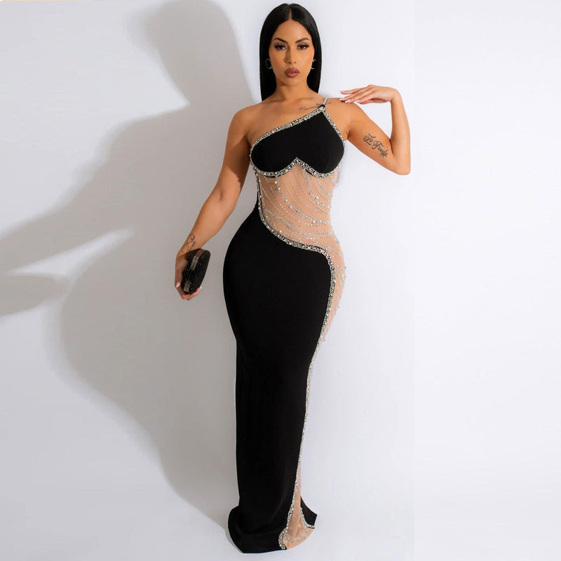 Sexy Pearl Hot Drill See-Through Mesh Oblique One-Shoulder Dress Wholesale Dresses