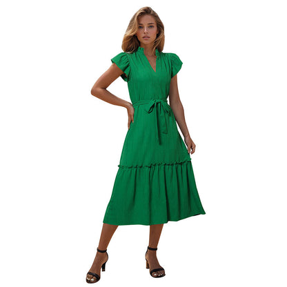 Solid Color V-Neck Dresses With Belt Wholesale Womens Clothing N3824041600019