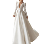 Elegant Solid Color Long Sleeve Deep V Neck High Waist Satin Dresses Wholesale Dresses