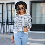 Fashion Color Block Plaid Long Sleeve Crew Neck Sweater Wholesale Womens Tops