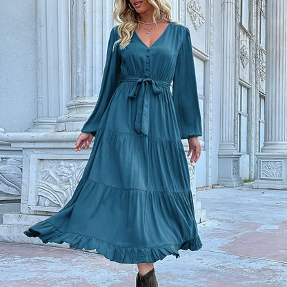 Long Sleeve Solid Color Maxi Dresses With Belt Wholesale Womens Clothing N3824091200040