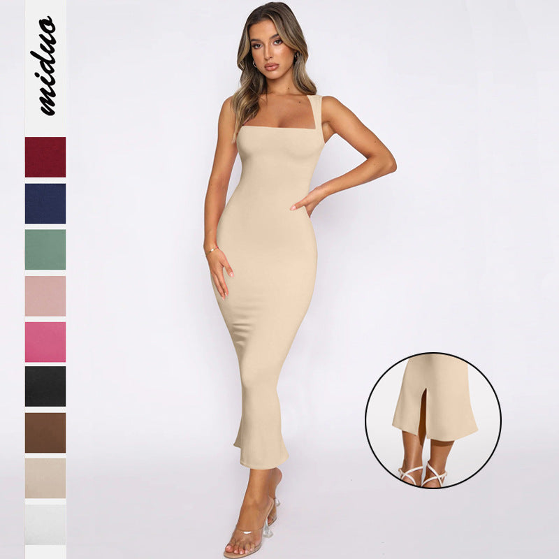 Split Slim Maxi Dresses Solid Color Sexy Wrap Dresses Wholesale Womens Clothing N3824052000028