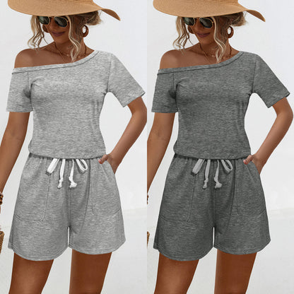 Short Sleeve Pocket Lace Up Slash Strapless Rompers & Jumpsuit Wholesale Womens Clothing N3824050700103