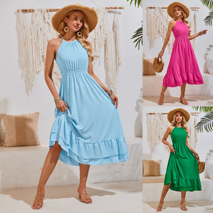 Solid Color Halter Neck Sleeveless Waist Dress Wholesale Womens Clothing N3824050700050