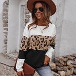 Fashion Leopard Print Patchwork Long Sleeve Round Neck Sweater Wholesale Womens Tops