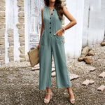 Button Pocket Sleeveless Solid Color Jumpsuit Wholesale Womens Clothing N3824022600038