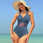 Women's Solid Color Mesh Halter Neck Deep V One-piece Swimsuit Wholesale Womens Clothing N3824012000008