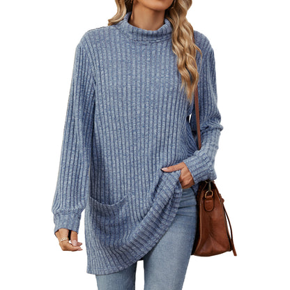 Solid Color Half High Neck Long Sleeve Loose Pocket Sweater Wholesale Womens Clothing N3824072900061