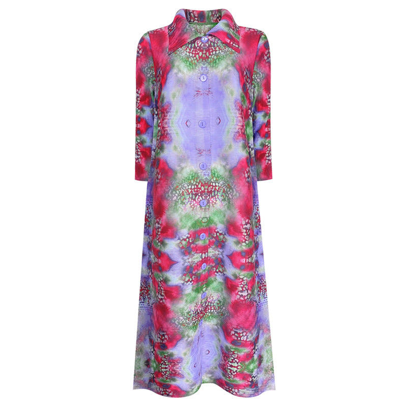 Casual Peacock Print Lapel Long Sleeve Dress Wholesale Dresses