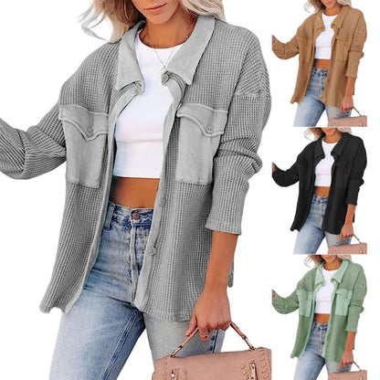 Casual Dolman Sleeve Jacket Waffle Knit Pocket Shirt Wholesale Womens Clothing N3823100900019