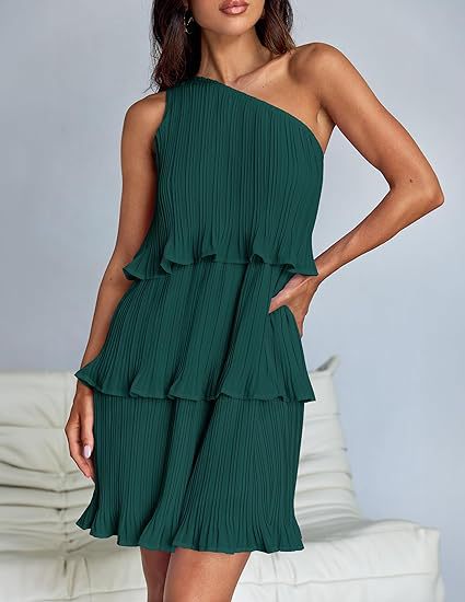 One-Shoulder Layered Stitching Hem Pleated Sleeveless Dresses Wholesale Womens Clothing N3824061200012