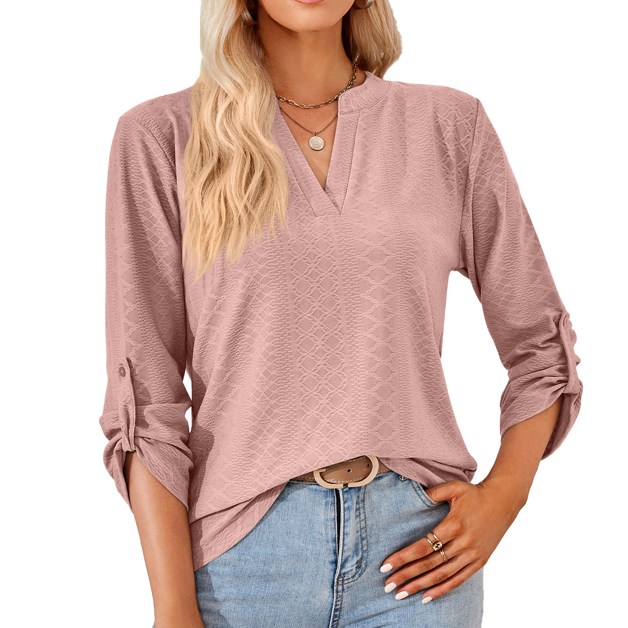 V-Neck Solid Button Long-Sleeved Loose T-Shirt Tops Wholesale Womens Clothing N3823112800042