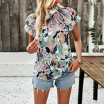 Casual Flower Printed Short Sleeve Top Ruffled Collar Wholesale Womens Clothing N3824011000065