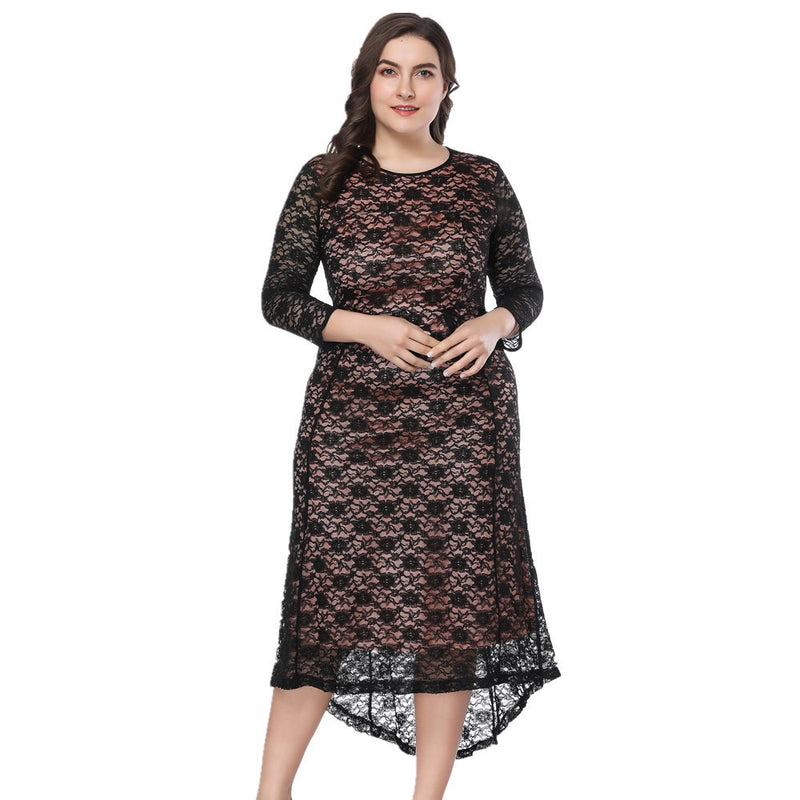Wholesale Plus Size Clothing Short Front And Long Back High Waisted Lace Dresses