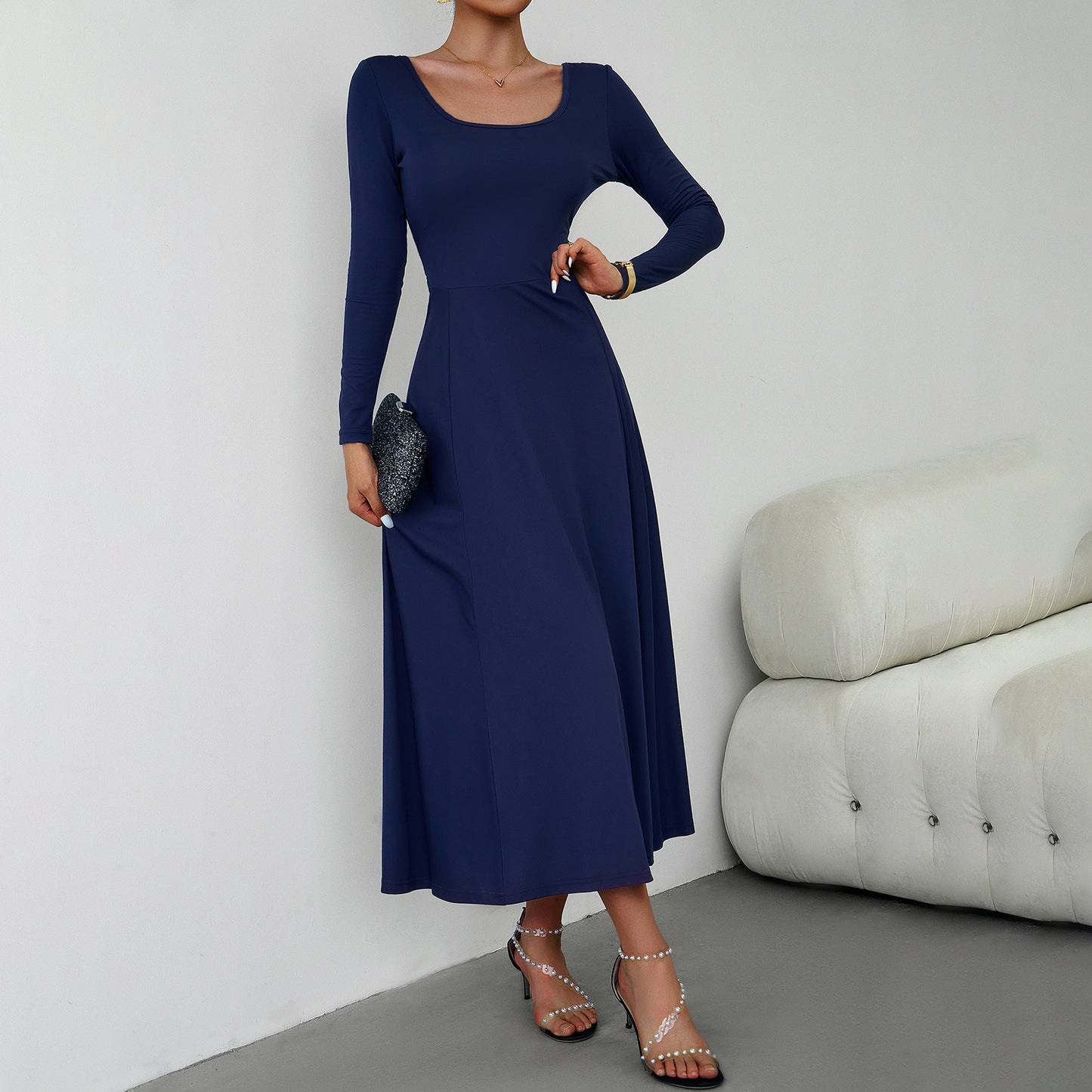 Elegant Solid Color U Neck Waisted Long Sleeve Dress Wholesale Dresses