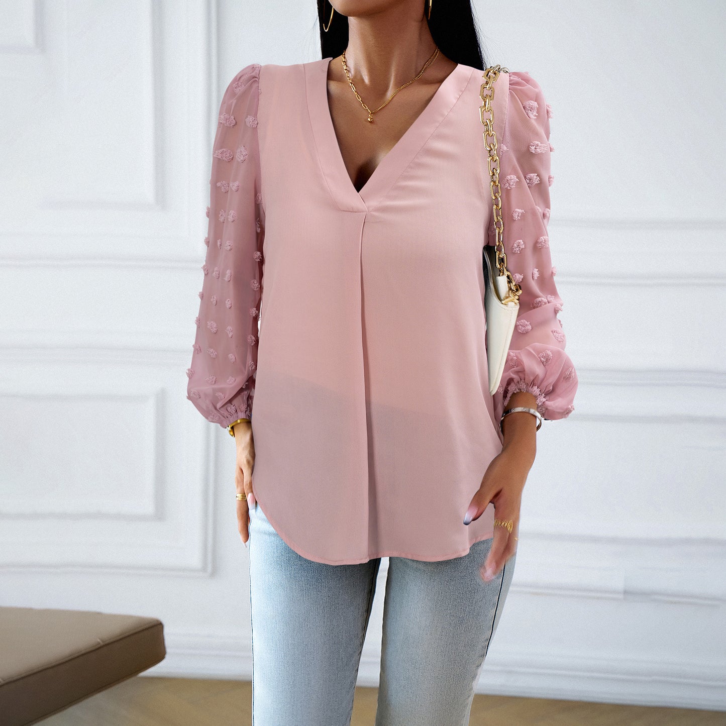 Long Sleeve Blouses V Neck Shirts Wholesale Womens Clothing N3824110900015