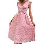 Sleeveless V-Neck Jacquard Ruffle Trim Solid Color Dress Wholesale Dresses