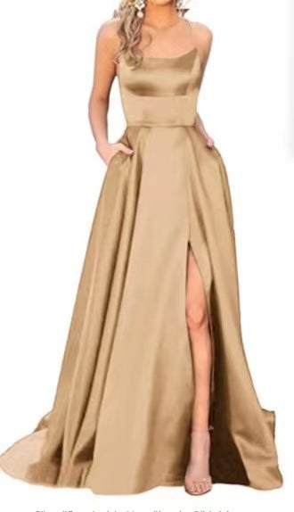 Evening Gown Solid Color Slit Cami Dresses Wholesale Womens Clothing N3823111600012