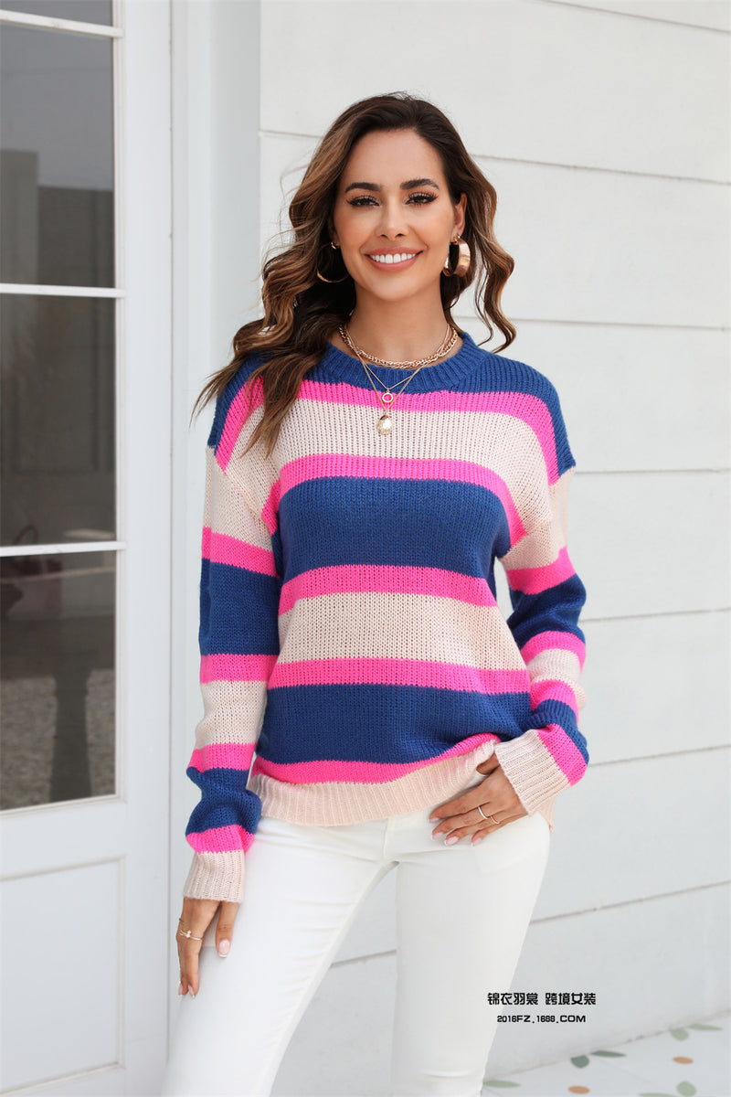 Fashion Colorblocking Wide Stripe Pullover Bottom Knit Sweater Wholesale Womens Tops