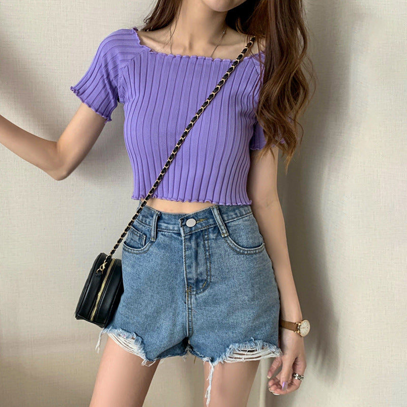 Fashion Solid Color Short Sleeve Ribbed Slim Thin Tops Wholesale Womens Tops