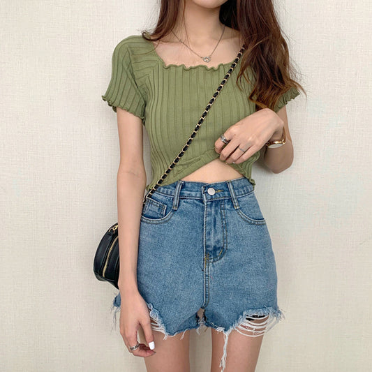 Fashion Solid Color Short Sleeve Ribbed Slim Thin Tops Wholesale Womens Tops