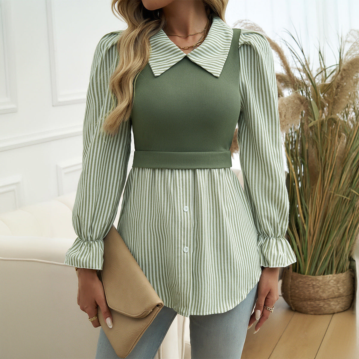 Bubble Sleeve Casual Colorblocking Striped Spliced Shirts Wholesale Womens Clothing N3824080700065