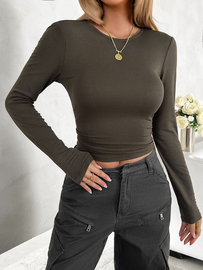 Round Neck Solid Color Slim Fit Long Sleeve Tops Wholesale Womens Clothing N3824060600043