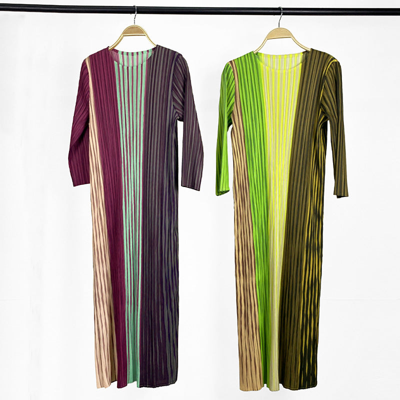 Casual Colour Block Vertical Stripe Printed Round Neck Pleated Dress Wholesale Dresses