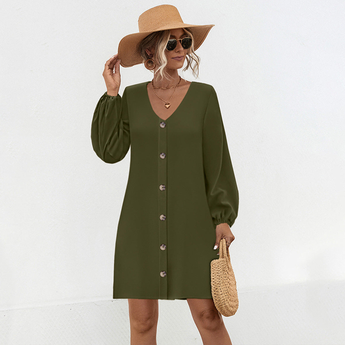 Solid Color Lantern Sleeve Button-up Casual Dresses Wholesale Womens Clothing N3824080300066