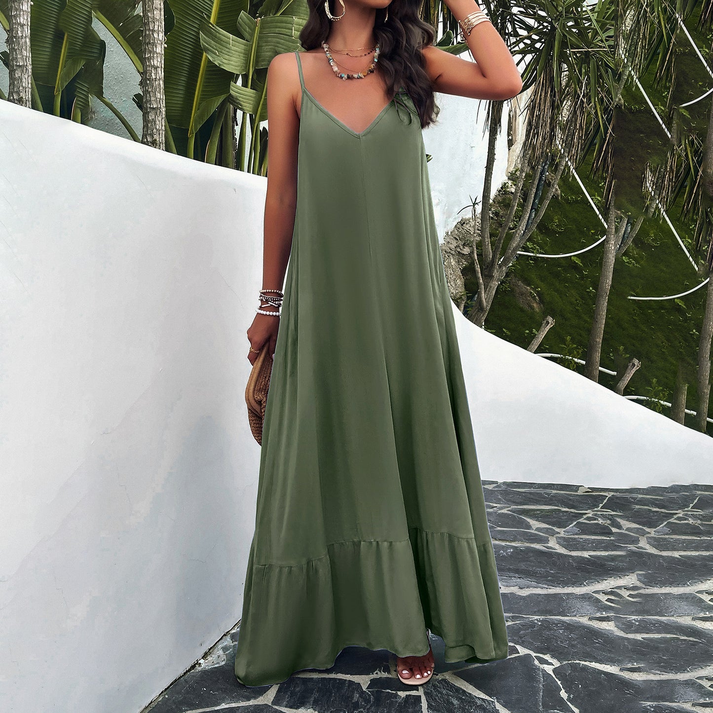 Elegant Solid Color Sling Maxi Dresses Wholesale Womens Clothing N3824040100132