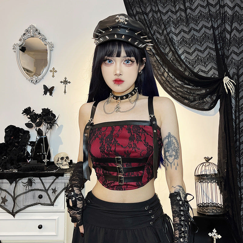 Dark Punk Suspenders Irregular Lace Crop Tops Wholesale Women'S Top