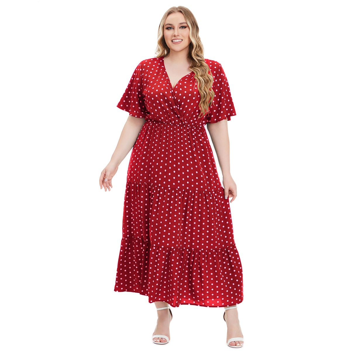 Plus Size V-neck Polka Dot Short Sleeve Dresses Wholesale Womens Clothing N3824080300037