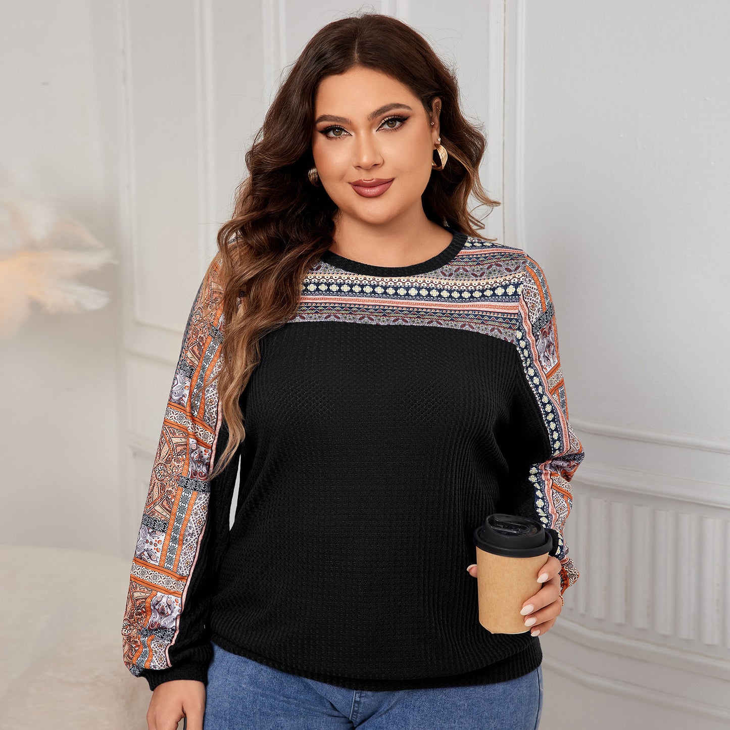 Women's Round Neck Long Sleeve Plus Size Tops Patterned Oversized Shirts Wholesale Womens Clothing N3824080300063