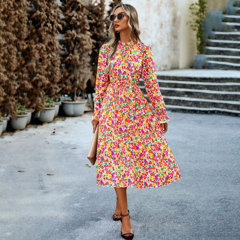 Casual Long Sleeve Floral Printed Round Neck Long Dresses Wholesale Dresses