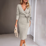 Low-Cut V-Neck Long-Sleeved Knitted Strappy Slim Dress Wholesale Dresses