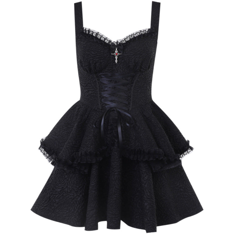 Dark Punk Style Slimming Solid Color Embossed Camisole Dress Wholesale Dresses