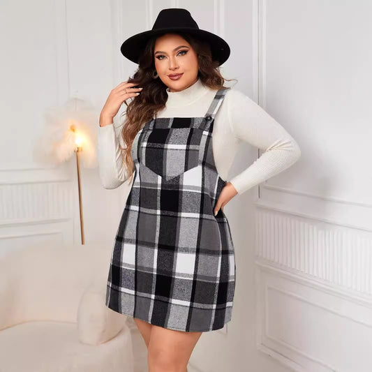 Plaid Plus Size Loose Suspender Dresses Wholesale Womens Clothing N3824091200162