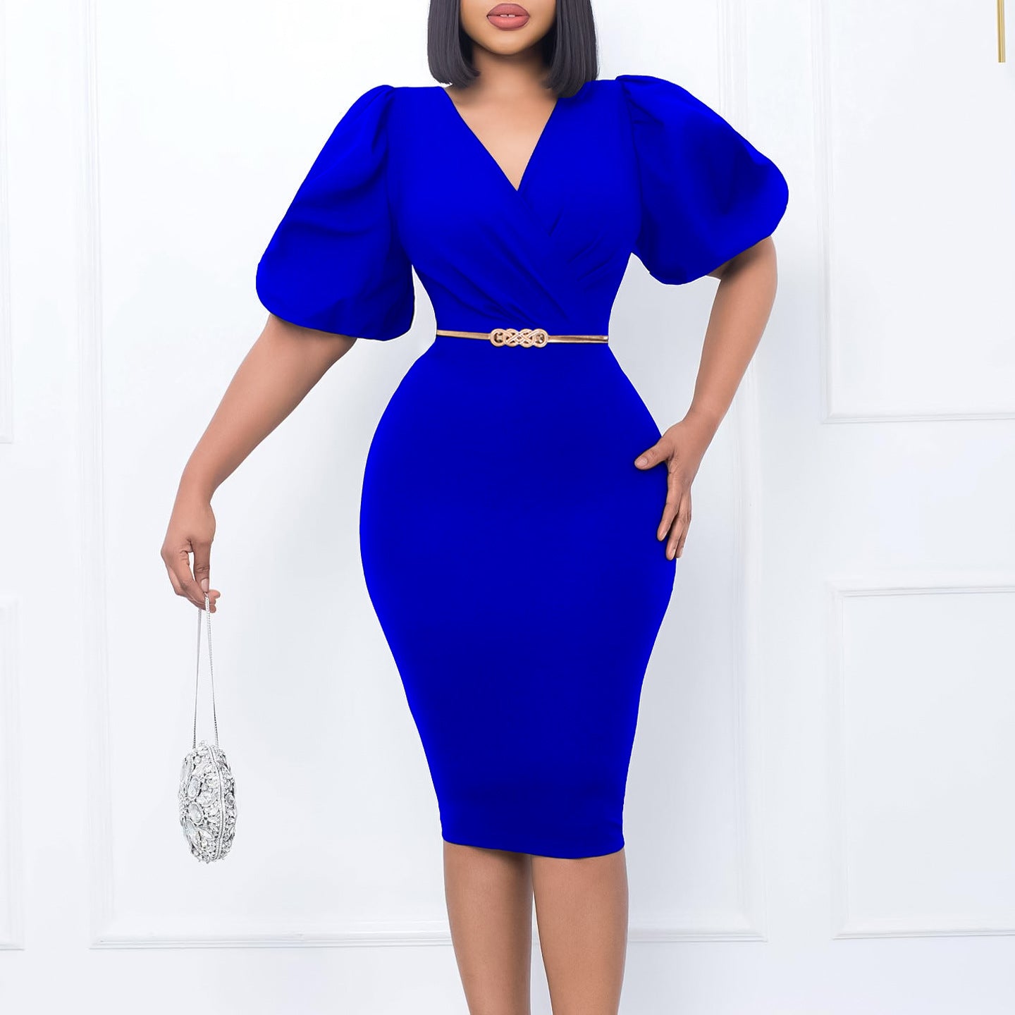 Fashion Bubble Sleeve V-Neck Hip Pencil Dress Wholesale Dresses