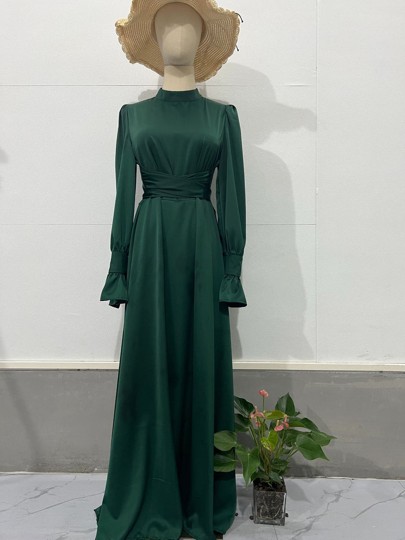 Long Sleeve Belted Puff Sleeve Green Dress Wholesale Womens Clothing N3823122100016
