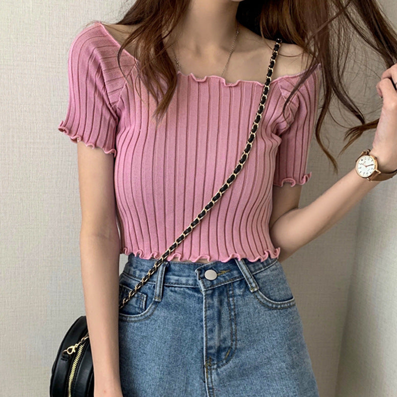 Fashion Solid Color Short Sleeve Ribbed Slim Thin Tops Wholesale Womens Tops