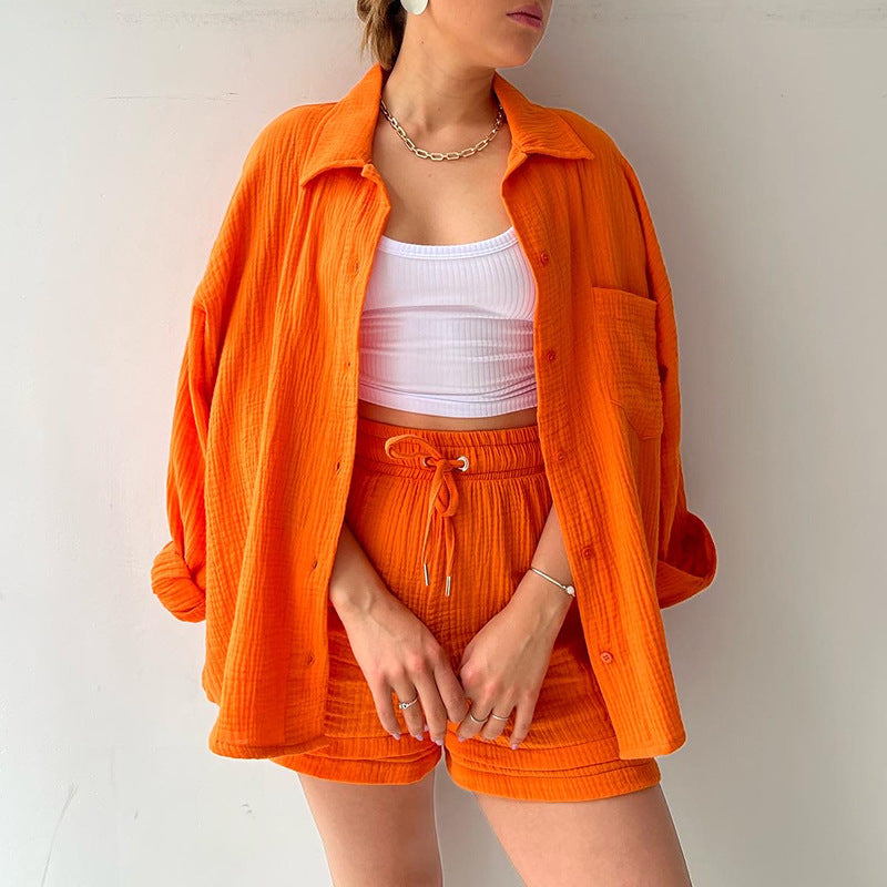 Women's Two-Piece Sets Lapel Shirt High-Waisted Drawstring Shorts Wholesale Womens Clothing N3823100900069