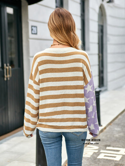 Contrast Stripe Knit Long Sleeve Crewneck Sweater Wholesale Women'S Top