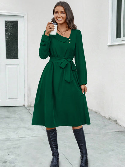 Irregular Neck Button Long Sleeve Dresses Wholesale Womens Clothing N3824062800053