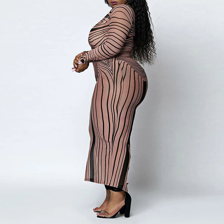 Wholesale Plus Size Clothing Long Sleeve Striped Round Neck Skinny One Step Dress