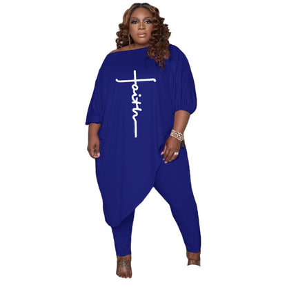 Wholesale Plus Size Clothing Fashion Printed Raglan Shoulder Long Sleeve Loose T-Shirt And Pants Set