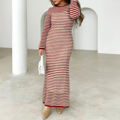 Casual Contrast Stripe Long Sleeve Sweater Dresses Wholesale Womens Clothing N3824101000020