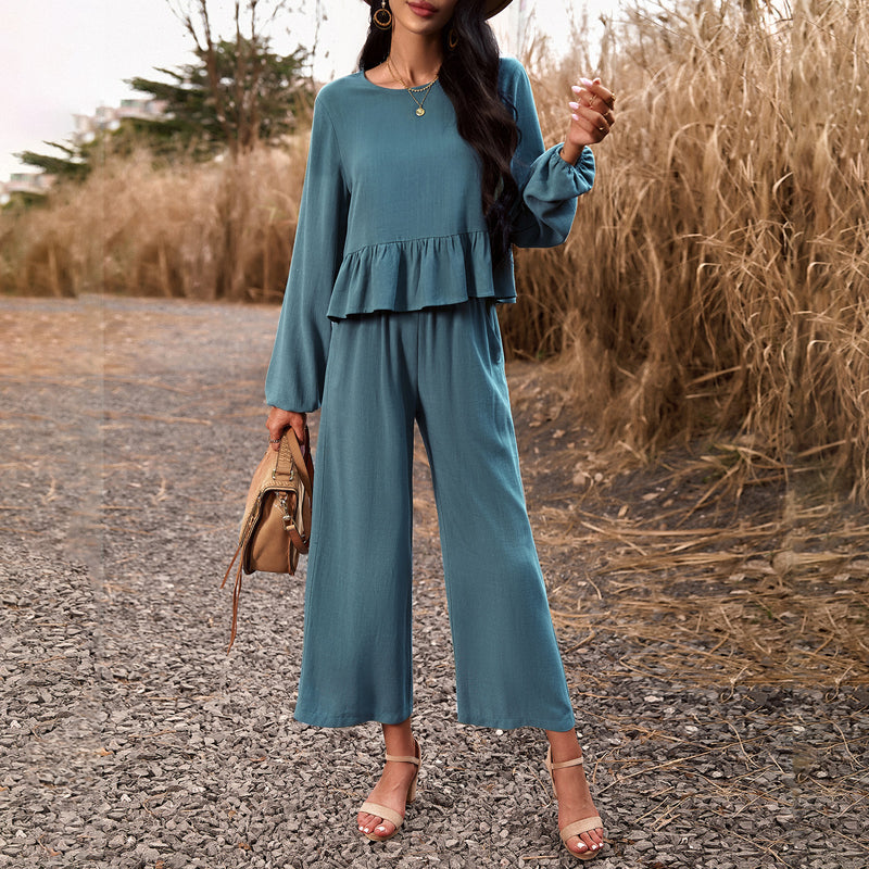Solid Colour Long Sleeve Top And Loose Trousers Casual Set Wholesale Women'S 2 Piece Sets