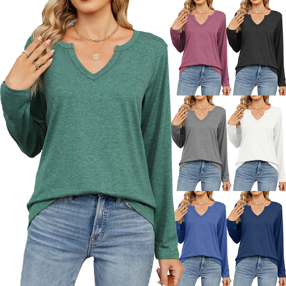 V-Neck Long Sleeve Loose T-Shirts Solid Color Tops Wholesale Womens Clothing N3824072900064